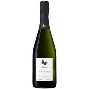 Bouteille de champagne Claude Farfelan Réserve Brut avec étiquette papillon et capsule noir.