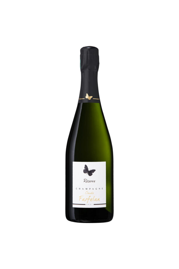 Bouteille de champagne Claude Farfelan Réserve Brut avec étiquette papillon et capsule noir.