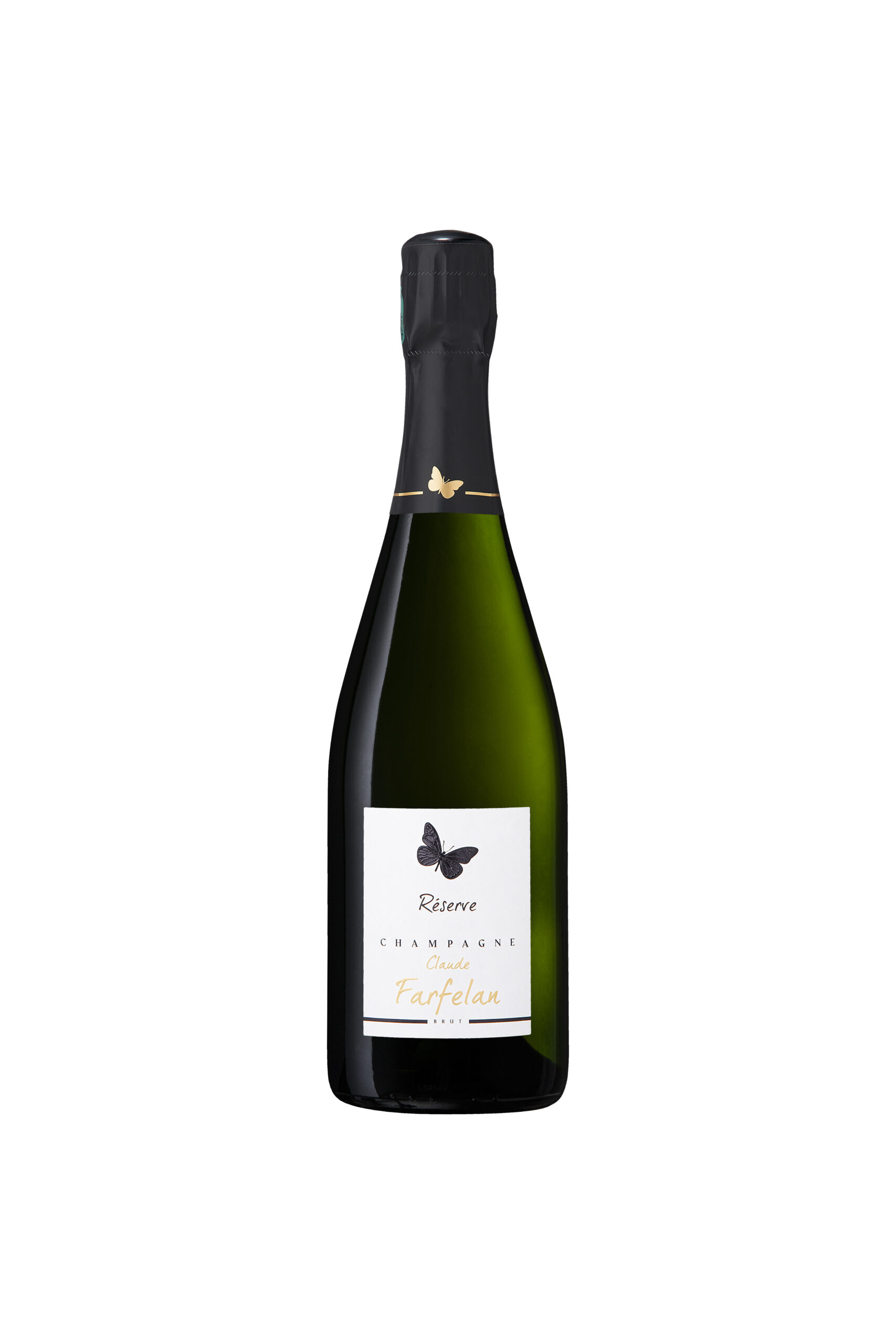Bouteille de champagne Claude Farfelan Réserve Brut avec étiquette papillon et capsule noir.