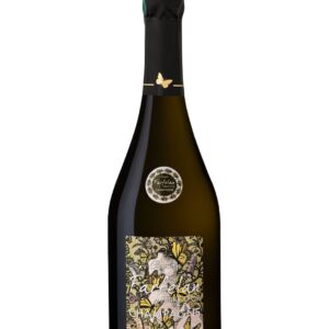 Bouteille de champagne avec étiquette papillons colorés, bouchon noir décoré papillon doré.