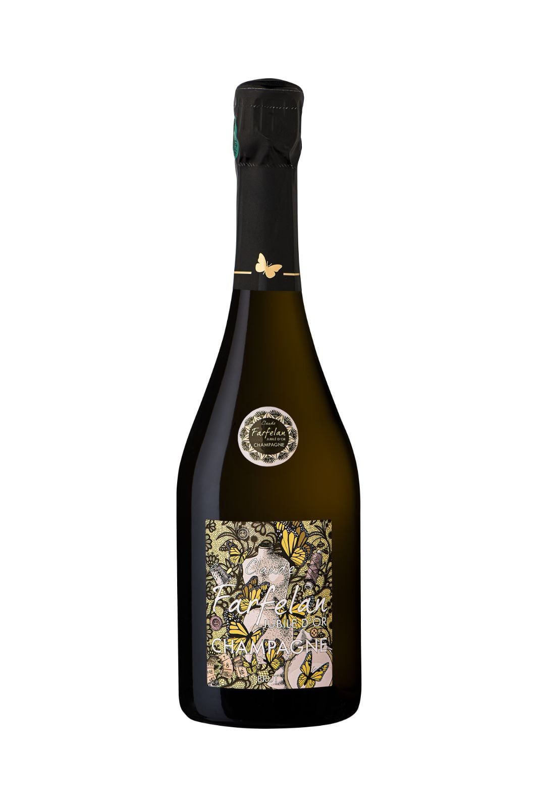 Bouteille de champagne avec étiquette papillons colorés, bouchon noir décoré papillon doré.