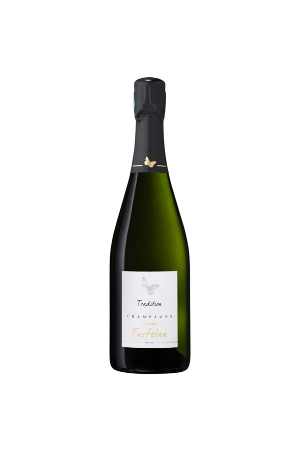 Bouteille de champagne, étiquette "Tradition", motif papillon, capsule sombre avec papillon doré.