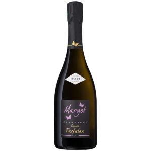 Bouteille de champagne 2012 avec étiquette noire, nom "Margot", papillons, "Claude Farfelan".