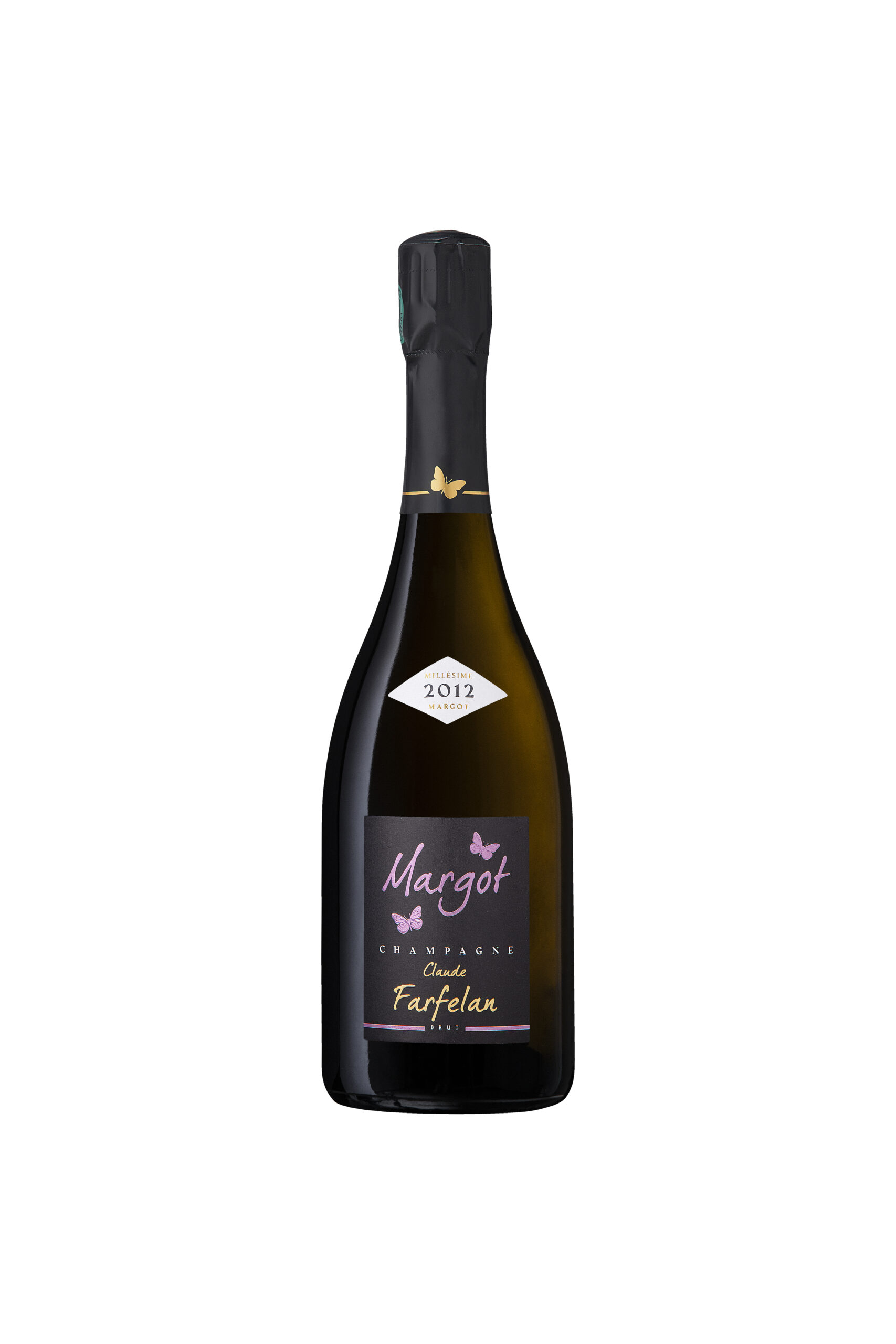 Bouteille de champagne 2012 avec étiquette noire, nom "Margot", papillons, "Claude Farfelan".