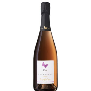 Bouteille de champagne rosé étiquette papillon violet nommée "Claude Farfelan", col noir.