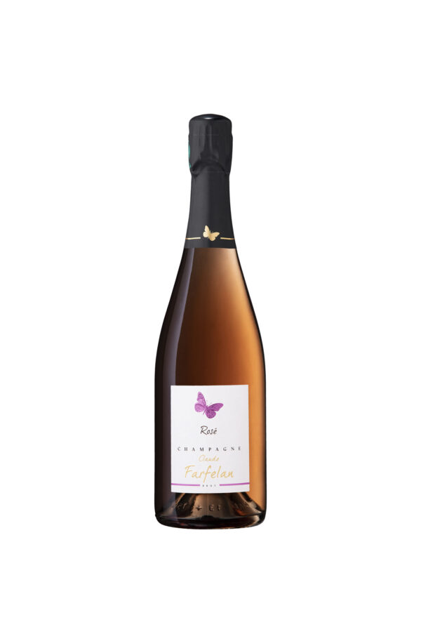 Bouteille de champagne rosé étiquette papillon violet nommée "Claude Farfelan", col noir.