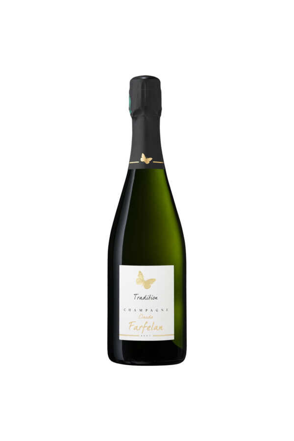 Bouteille de champagne "Tradition Claude Farfelan Brut" avec étiquette papillon doré.
