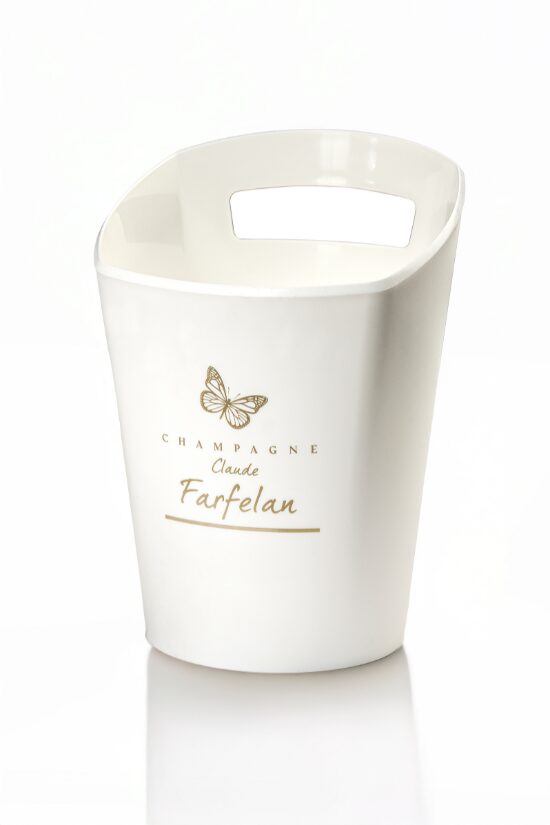 Seau à champagne blanc avec logo papillon et texte "Champagne Claude Farfelan".