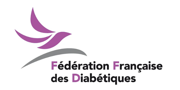 Logo de la Fédération Française des Diabétiques avec une colombe violette stylisée et texte.