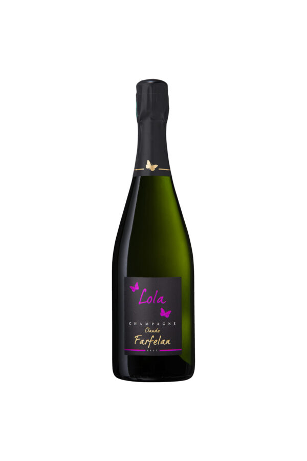 Bouteille de champagne Lola Claude Farfelan Brut avec étiquette papillons violets sur noir.