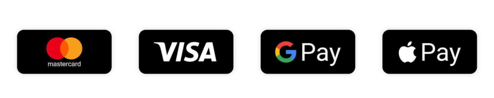 Logos de Mastercard, Visa, Google Pay et Apple Pay sur fond noir.