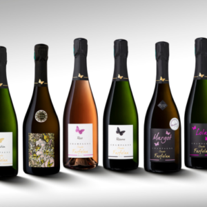 Six bouteilles de vin mousseux avec étiquettes "Farfallen" et motifs de papillons.