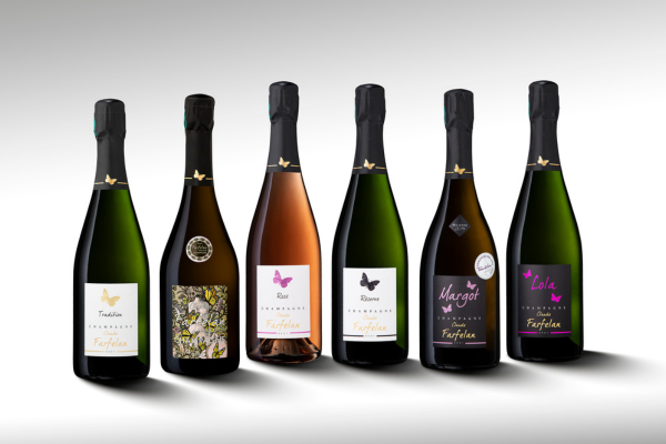 Six bouteilles de vin mousseux avec étiquettes "Farfallen" et motifs de papillons.