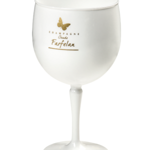 Verre en plastique blanc avec logo papillon doré et "Champagne Claude Farfelan" en doré.