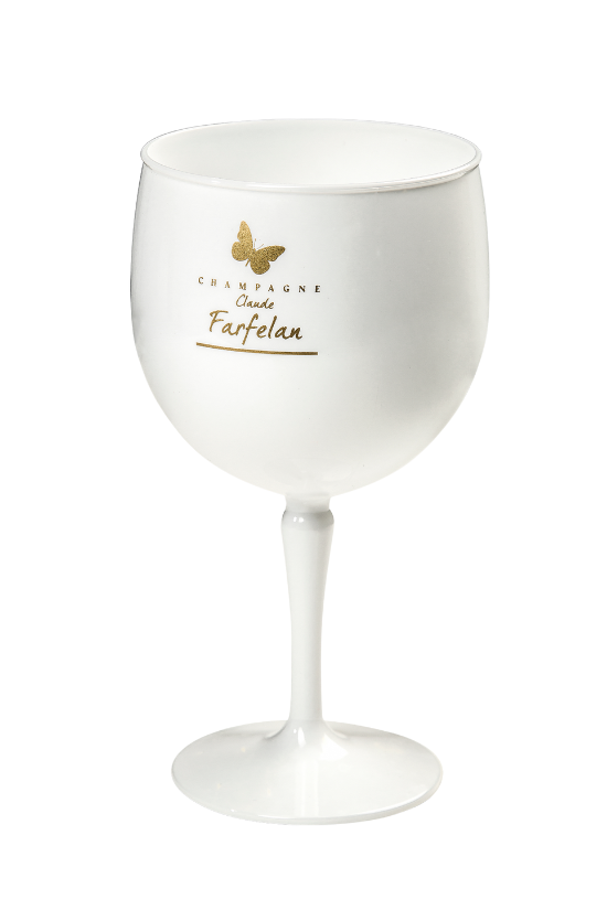 Verre en plastique blanc avec logo papillon doré et "Champagne Claude Farfelan" en doré.