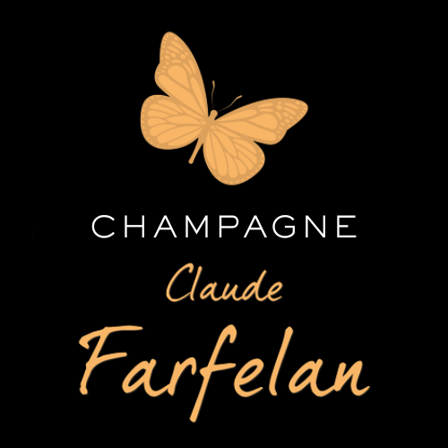 Logo noir avec papillon doré et texte Champagne Claude Farfelan.