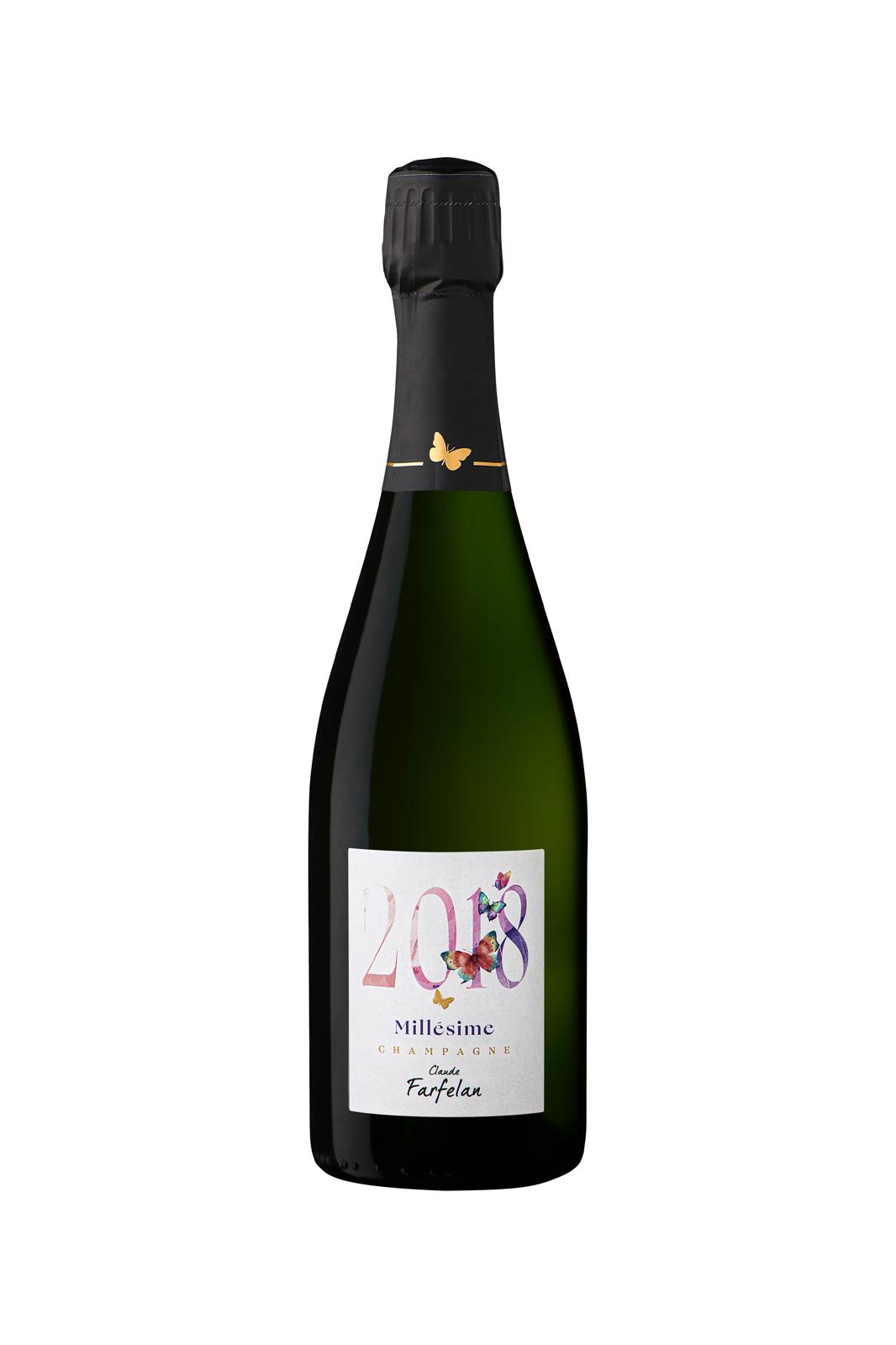 Bouteille de champagne 2018 avec étiquette papillon et emballage noir.